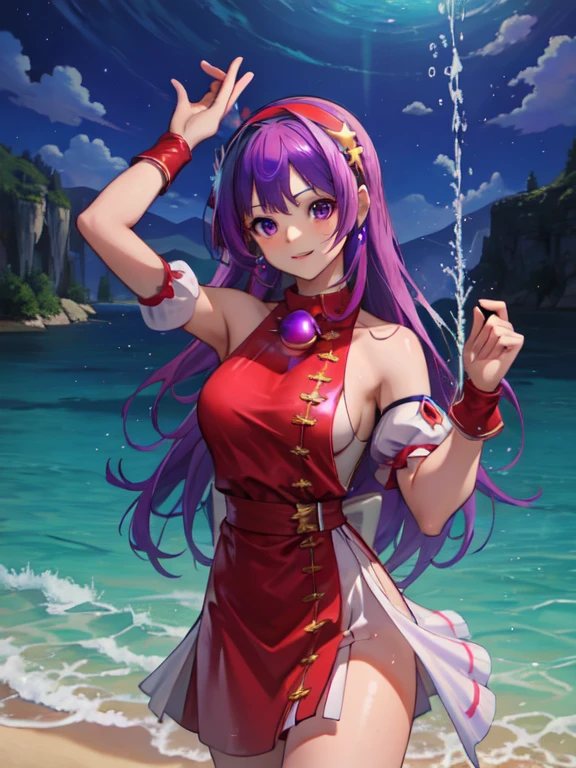 (masterpiece, best quality:1.2), intricate details, athena asamiya, 1girl, dress, , hairband, long hair, , purple hair, purple eyes, star hair ornament,,cloud,sky,water,water splashes,rainbow,(tight dress:0.5),blue,red,pink,,fantastic coloured glaze,,, acid_fluid, , holographic,holographic clothing,