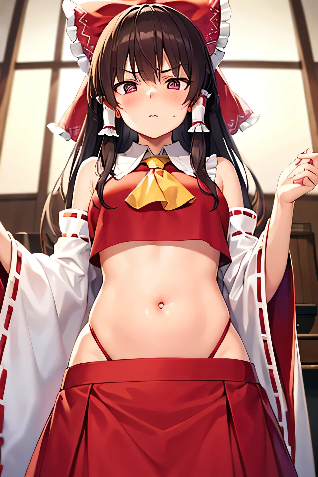 super fine illustration, vibrant colors, masterpiece, sharp focus, best quality, depth of field, cinematic lighting, ultra detailed, blush, annoyed, pursed lips, belly button, tummy, hips, shrine maiden, hakurei reimu, 1girl, hair bow, ascot, hair tubes, detached sleeves, looking down, red shirt, red skirt, long skirt, long hair, dark brown hair, indoors, mature woman