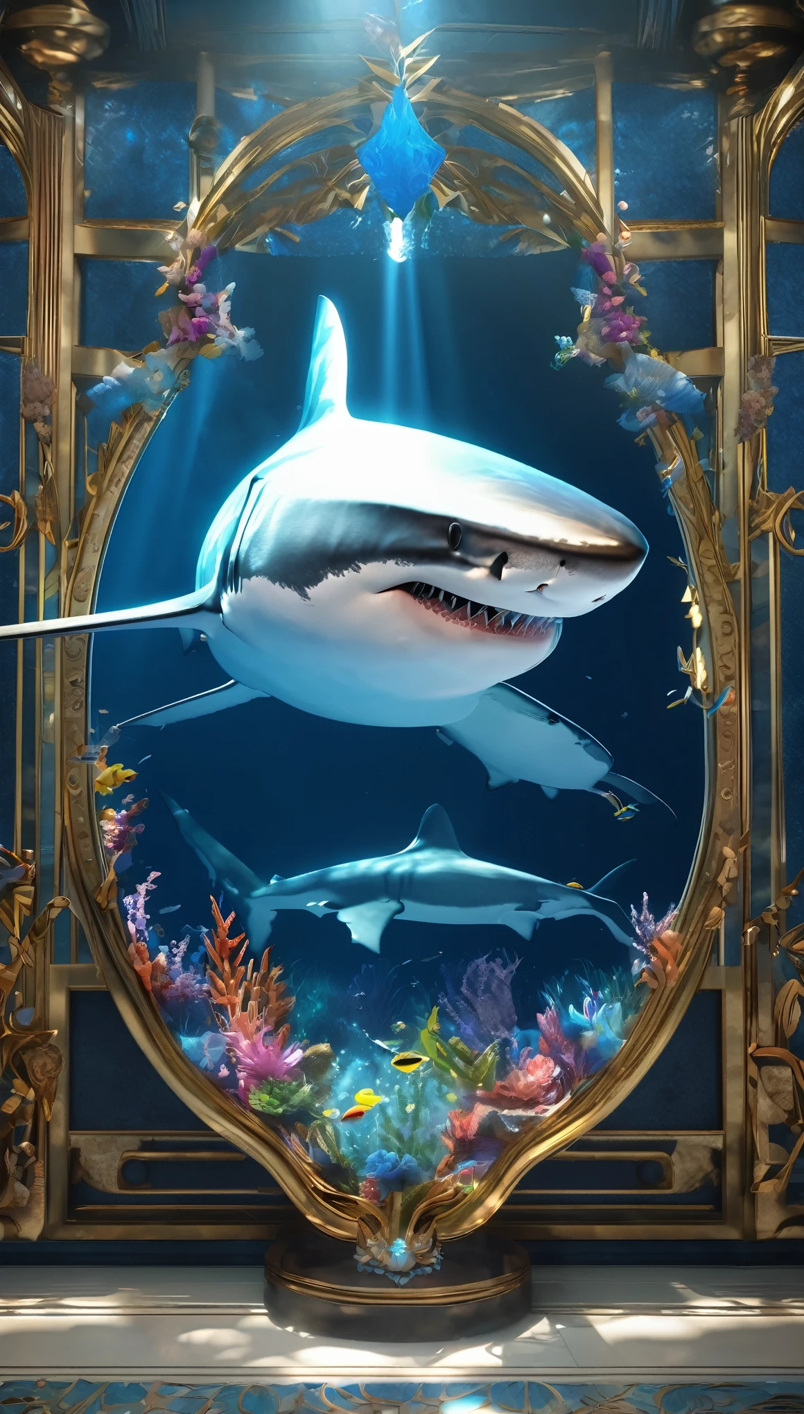 Illustration of a great white shark with blue eyes, Unreal Engine Rendering + goddess, Very detailed , B Global Illumination, Exquisite and gorgeous jewelry, Top Trends on cgisociety, Motion Graphics, rossdraws Global Illumination, CG Association