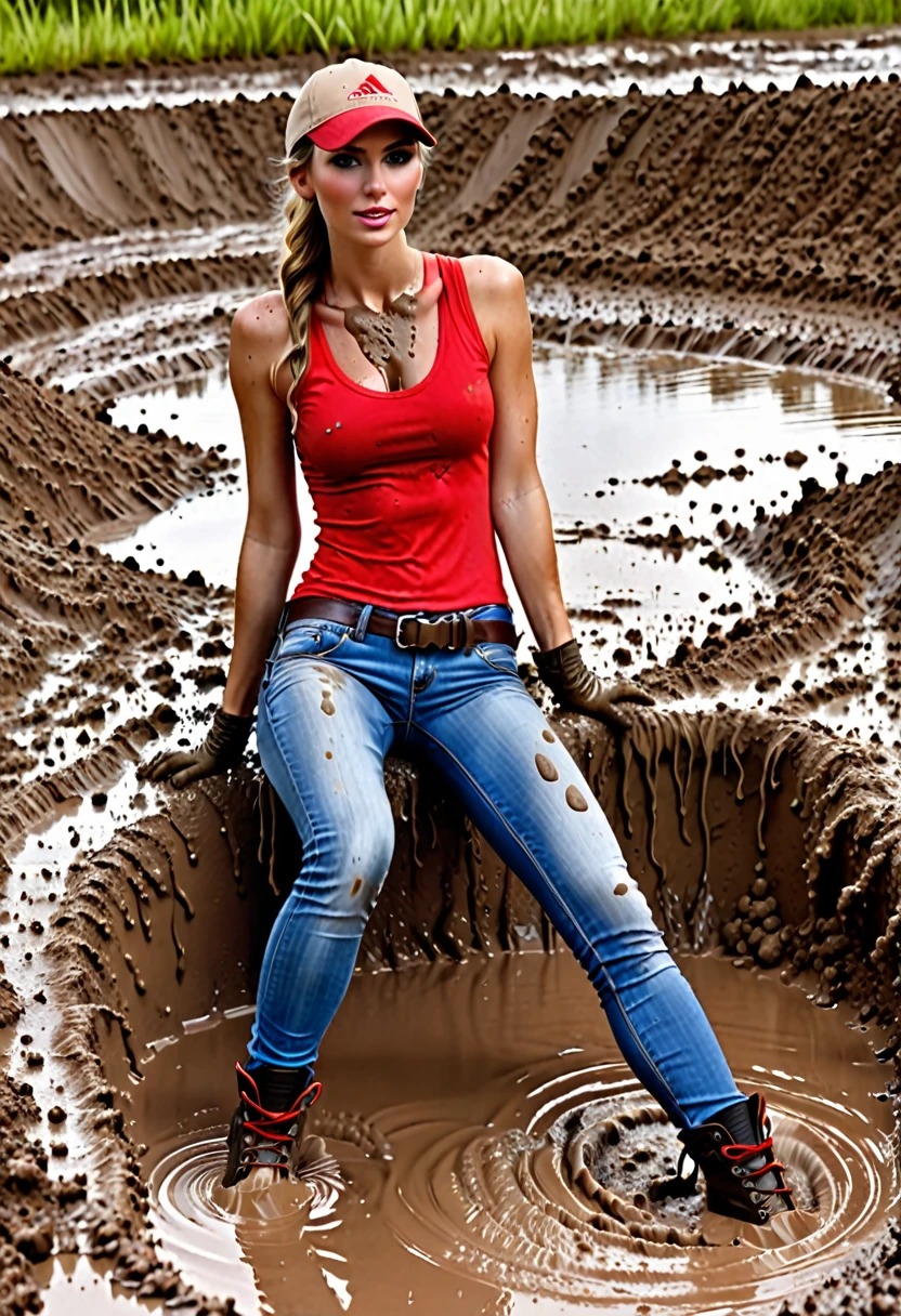 (Slim sexy body girls, long legs), hiking boots, (covered in mud washed-out skinny tight denim jeans:1.5), (red sleeveless tight top with cleavage), (beige baseball cap), (leather gloves), brown belt, (sitting in mud spreading legs wide showing crotch:1.5). Ultrarealistic. Vibrant colors. Sunny.