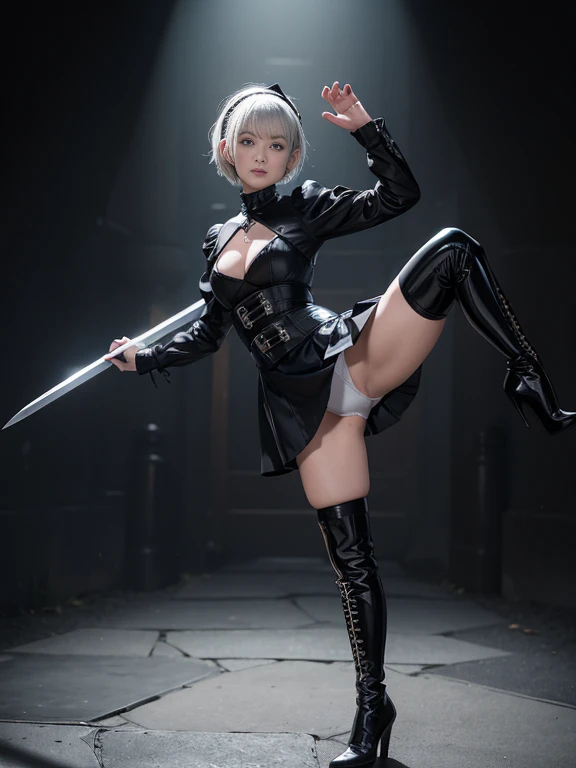 8K,Masterpiece,One woman,Combat pose,battoujutsu stance,Japanese sword,Smile,30 years old,blue eyes,White Hair,Short Bob Hair,(Gothic ta),Dutch beauty,Ella Freya(Ella Freya),(White panties),2b, short hair, Knee socks, gloves, Long sleeve, dress, Slender figure, Cleavage, Small breasts, Gray Hair, hair band, boots, Puffy sleeves, black Knee socks, Black footwear, Mole, black dress, High heels, leotard, Clothing cutouts, thigh boots, Cleavage cutout, black hair band, Juliet Sleeve, high heel boots,