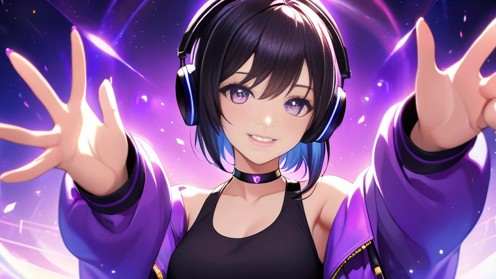 The tomboyish girl with short black hair is wearing a purple jacket over a black tank top and long black jeans. She has beautiful purple eyes with pupils, accessorized with a choker and black headphones adorned with purple LEDs, waving to the camera with a beautiful smile. She exudes maturity, intelligence, and elegant beauty. unity 8k wallpaper, (illustration:0.8), (beautiful detailed eyes:1.6), extremely detailed face, perfect lighting, extremely detailed CG, (perfect hands, perfect anatomy),