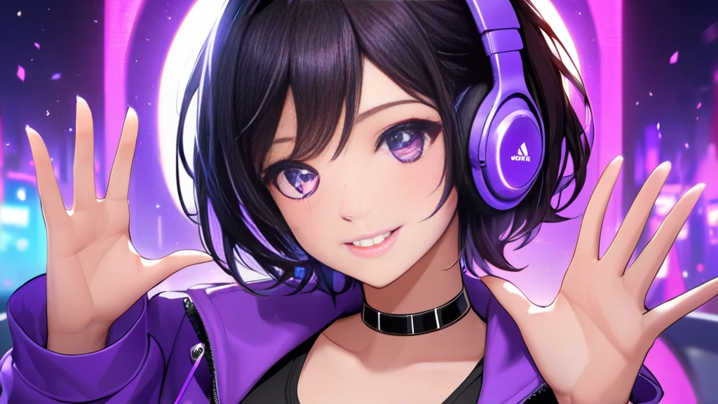 The tomboyish girl with short black hair is wearing a purple jacket over a black tank top and long black jeans. She has beautiful purple eyes with pupils, accessorized with a choker and black headphones adorned with purple LEDs, waving to the camera with a beautiful smile. She exudes maturity, intelligence, and elegant beauty. unity 8k wallpaper, (illustration:0.8), (beautiful detailed eyes:1.6), extremely detailed face, perfect lighting, extremely detailed CG, (perfect hands, perfect anatomy),