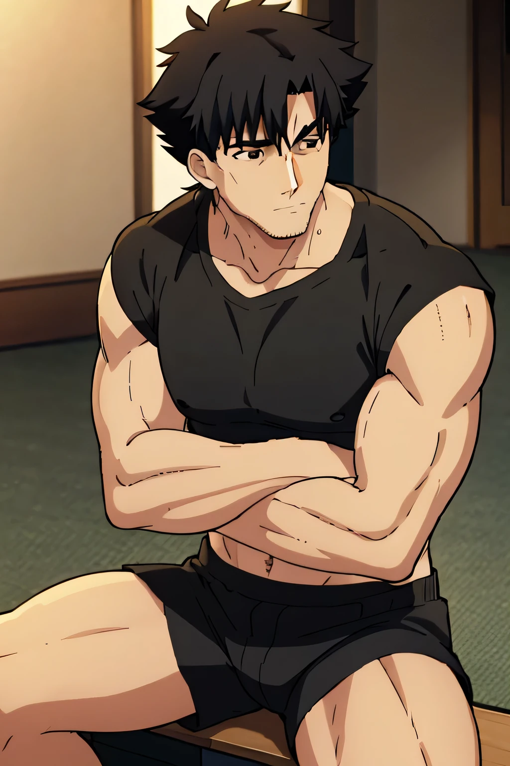 Kiritsugu is sitting and flexing his biceps and abs. He wears black short boxershorts. You can see his thighs. He is admiring his muscles. He has bulging veins on his arms. He wears a black tshirt with short sleeves. His right sleeve is completely rolled up so you can see his entire arm and shoulder. He is showing his abs too.
