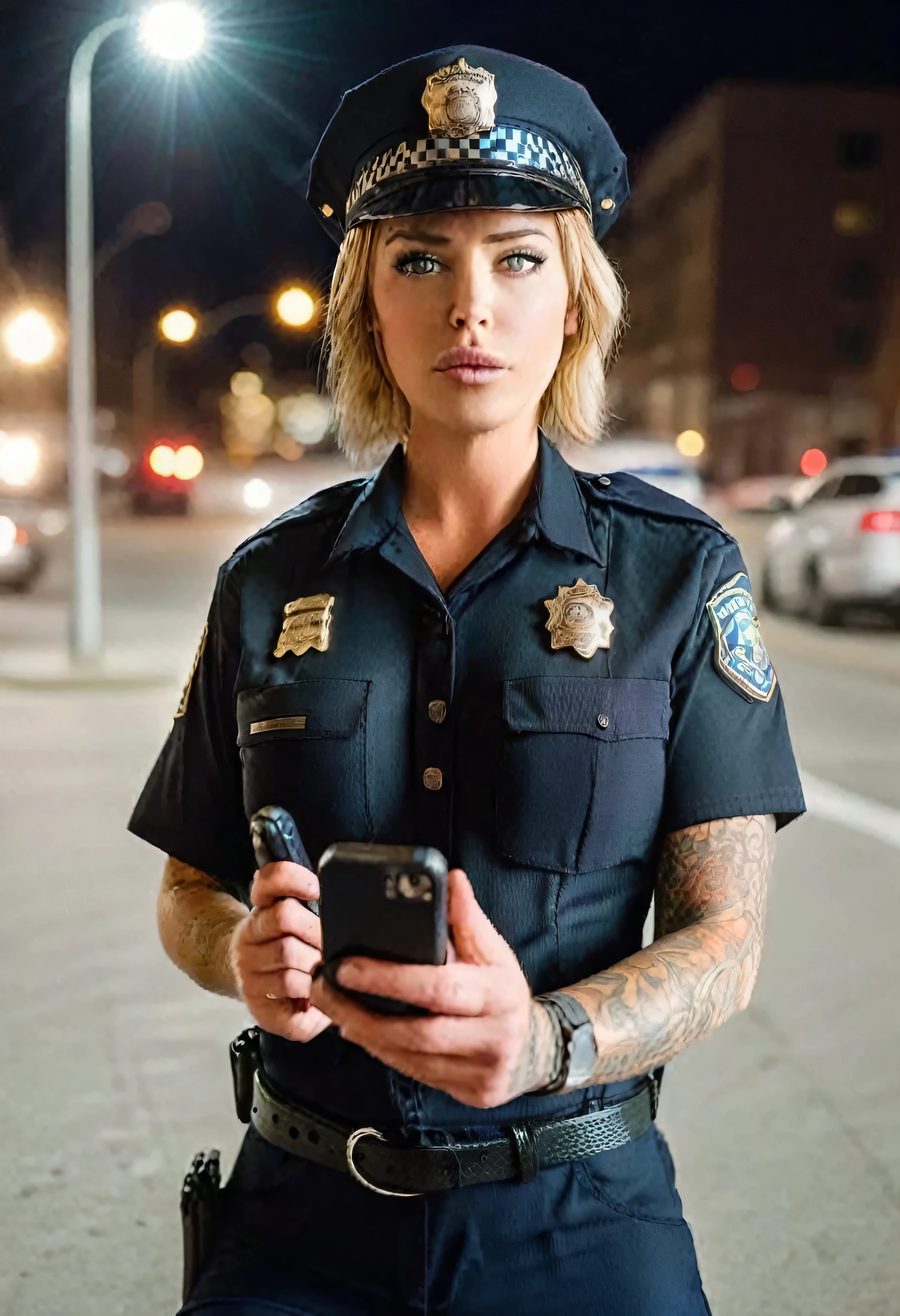 Laurence bedard in a police uniform holding a cell phone, wearing a police uniform, police officer, police lights shine on her face, brave police j decker face, officer, bodycam, police uniform, full body camera shot, in black uniform, bodycam footage, sparkling-eyes, perfect-eyes, full-lips, perfect-lips, stunningly-beautiful, high-saturation, 35mm-raw-photo, dynamic-composition, intense-expressions, police officer hit, (brave police j decker), cop, police