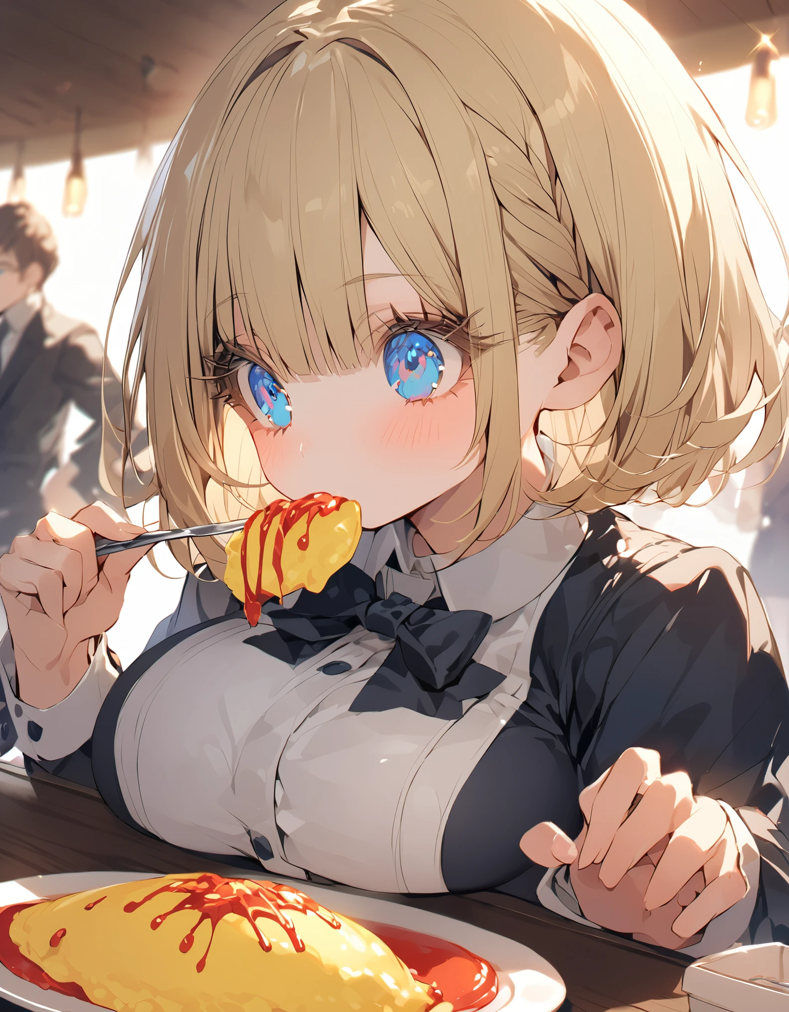 Eat omurice at a restaurant (Original uniform), (***********), (blonde:1.5）(eyelash:1.2) (Short Bob Hair:1.4), (Blue eyes)(Big Breasts:1.3)
