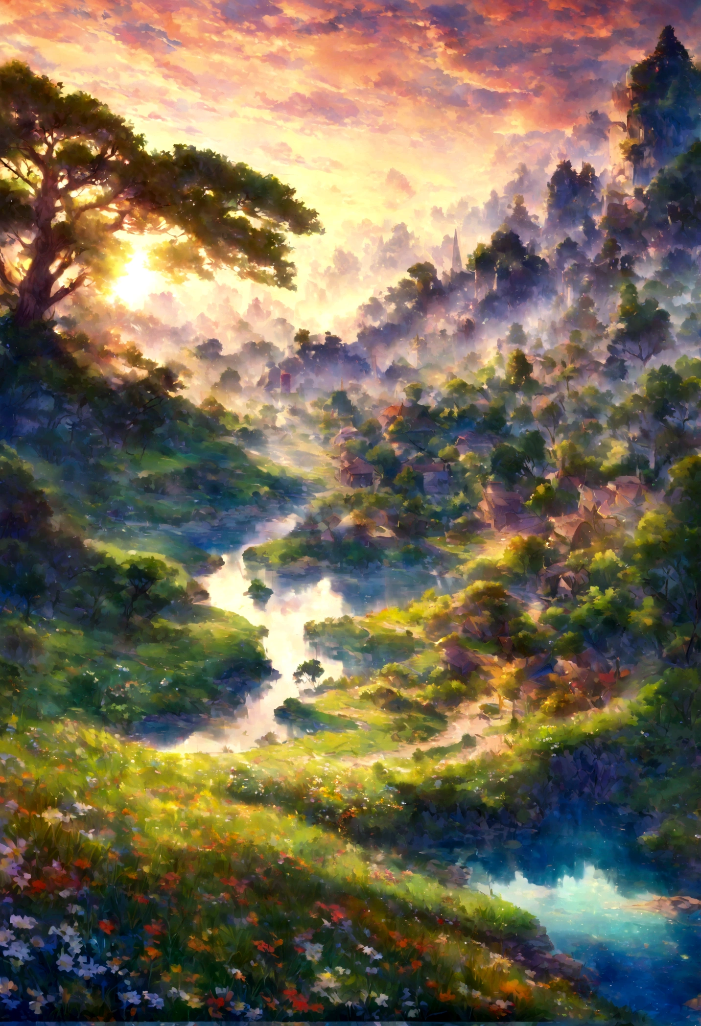 The landscape, no one, the cloud, the dawn, the wind, the cool, in the forest, the lilies bloom, brilliantly, the zigzag road leads to the ancient house, many trees, sunrise rays Funising on a narrow road, wild flowers blooming along the road, there is a small lake quietly reflecting the sun, sparkling, pure light. Reasonable and logical layout, harmonious colors, high resolution, clear.