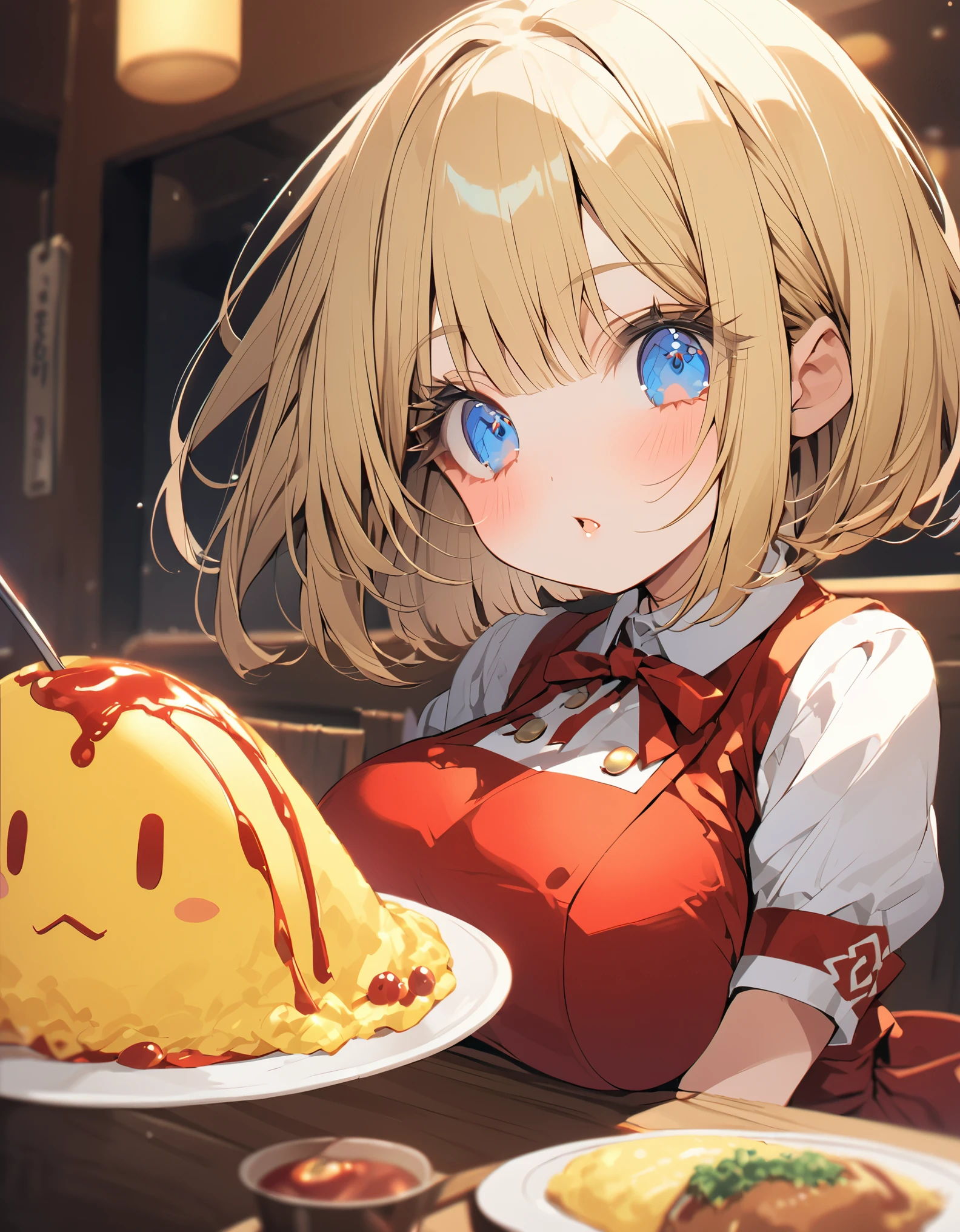 Eat omurice at a restaurant (Original uniform), (), (blonde:1.5)(eyelash:1.2) (Short Bob Hair:1.4), (Blue eyes)(Big Breasts:1.3)