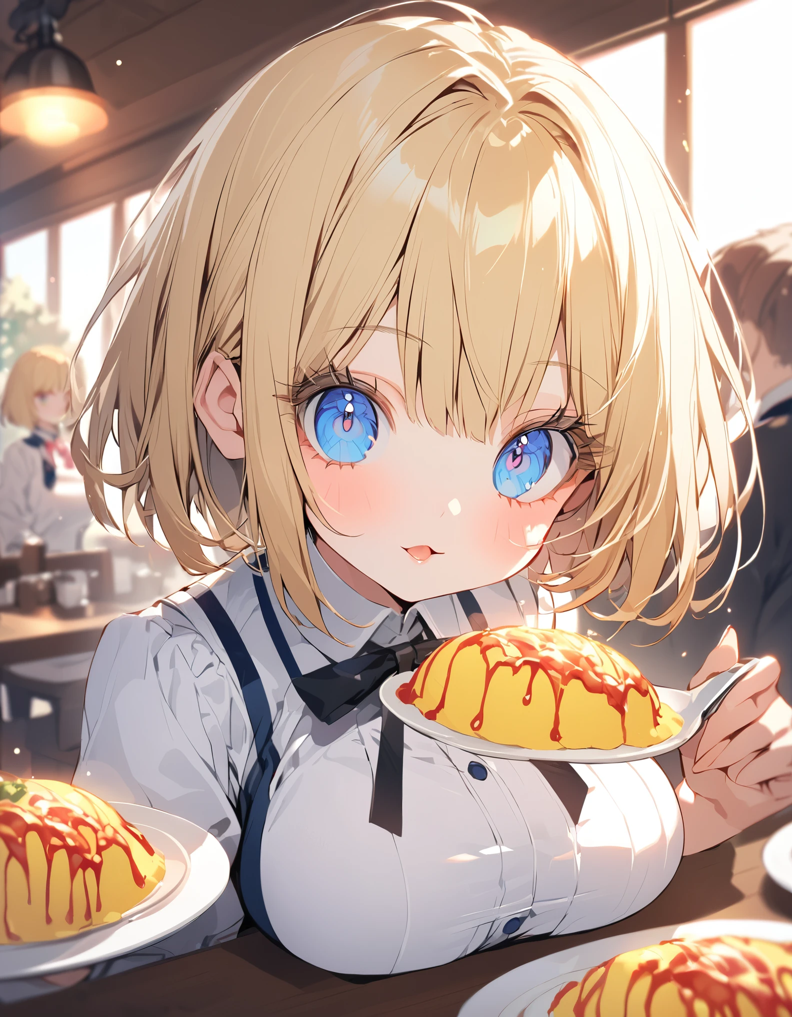 Eat omurice at a restaurant (Original uniform), (Little Girl), (blonde:1.5）(eyelash:1.2) (Short Bob Hair:1.4), (Blue eyes)(Big Breasts:1.3)

