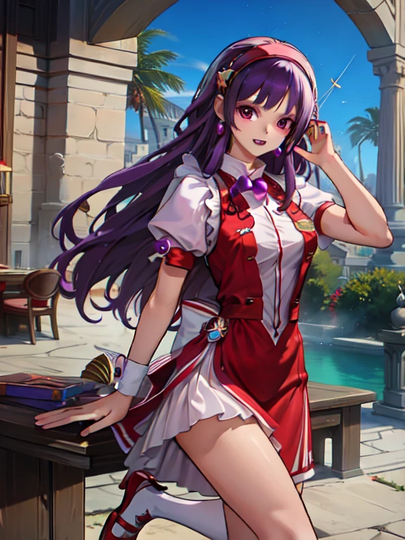 (masterpiece, best quality:1.2), intricate details, athena asamiya, 1girl, ,Vestido en V profundo,, , hairband, long hair, , purple hair, purple eyes, star hair ornament, cuerpo completo, mirando al espectador, de pie, al aire libre,tacones altos,muslos,