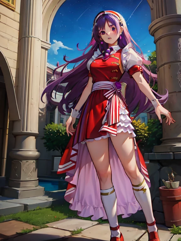 (masterpiece, best quality:1.2), intricate details, athena asamiya, 1girl, ,Vestido en V profundo,, , hairband, long hair, , purple hair, purple eyes, star hair ornament, cuerpo completo, mirando al espectador, de pie, al aire libre,tacones altos,muslos,