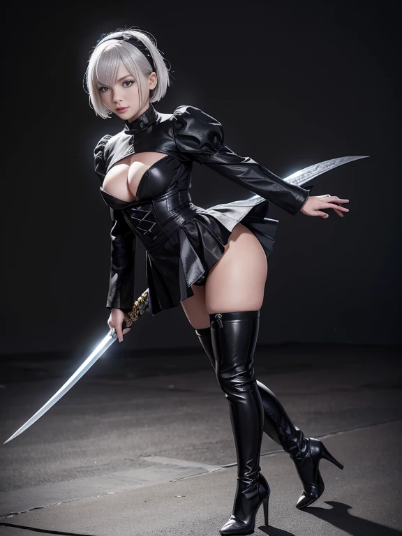 8K,Masterpiece,One woman,(Combat pose),(battoujutsu stance),Japanese sword,Smile,30 years old,blue eyes,White Hair,Short Bob Hair,(Gothic ta),Dutch beauty,Ella Freya(Ella Freya),(White panties),2b, short hair, Knee socks, gloves, Long sleeve, dress, Slender figure, Cleavage, Small breasts, Gray Hair, hair band, boots, Puffy sleeves, black Knee socks, Black footwear, Mole, black dress, High heels, leotard, Clothing cutouts, thigh boots, Cleavage cutout, black hair band, Juliet Sleeve, high heel boots,