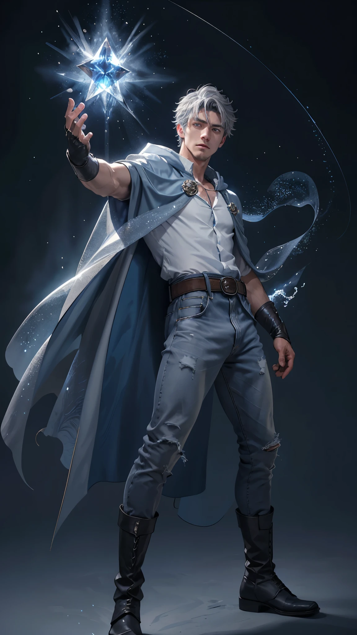 Design 1wizard man throwing a ray of frost. 22 year old man with dark blue hood and cape.Light gray hair Gray eyes Wearing a white button-down shirt Wearing blue jeans Wearing a brown belt Wearing short brown boots Wearing blue gloves on your hands. Crea un fondo de llamas ((mejorar rostro))((fighting))((magic fight))((day))