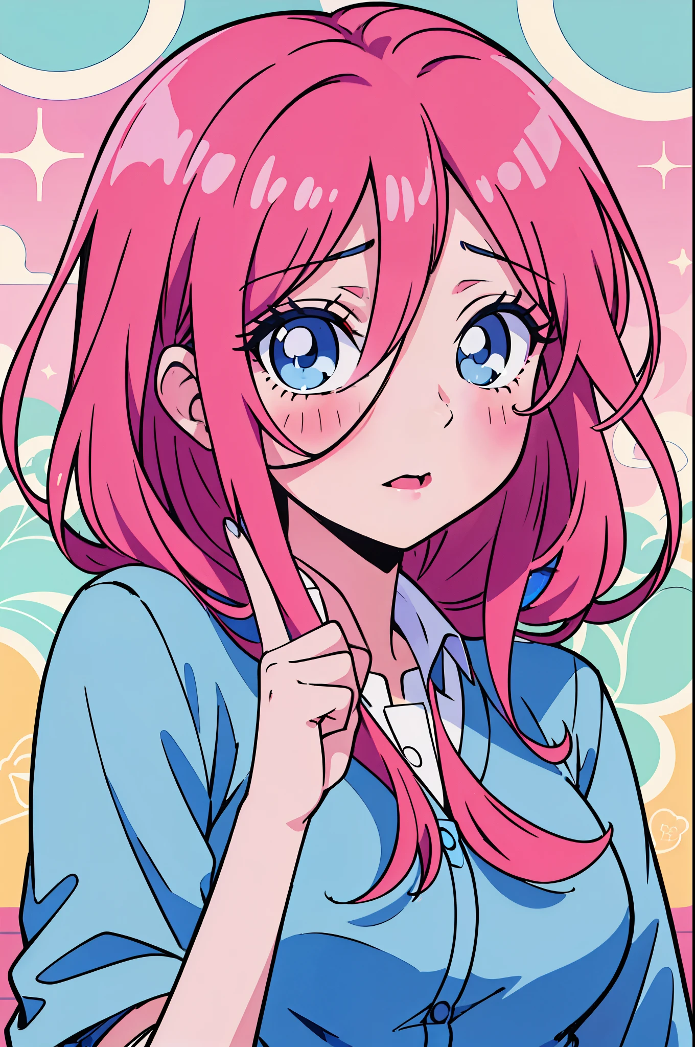 Miku nakano, turned sideways, pointing in front of her, (Old anime, vintage anime, 90's anime style, naoko takeuchi style, masterpiece、top-quality、top-quality、Official art、Beautifully Aesthetic:1.2)、(a beauty girl:1.3)、vivid colours、colourful, lHD Detail, Ultra Detail, soft Light, Deep Focus Bokeh, magical photography, dramatic lighting, intricate details, (1 girl, solo, alone), , sfw, nakano_miku, blue eyes, indigo eyes, aayotsuba, Miku, sparkling blue eyes, sfw, pretty age girl with long dark pink hair, heart shaped lips and blue eyes making a cute face, blushing, aamiku, Nakano Miku from The Quintessential Quintuplets, Miku Nakano, masterpiece, 4k, ultradetailed, cowboy shot, nakano miku, long pink red hair, blue headset around neck, calm face, blushing, apathetic calm face, one strand of hair across her face, blue eyes, innocent, pure, shy, tender, lovely