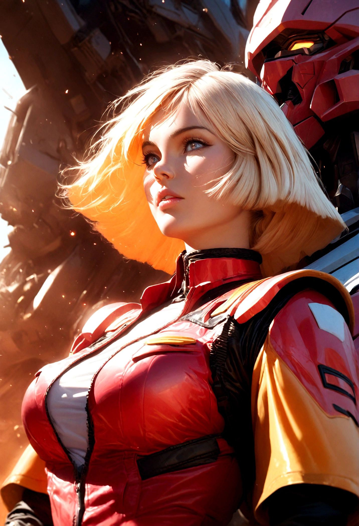 1girl, sayla mass, gundam, covered gigntic breasts, beautiful detailed eyes, beautiful detailed lips, extremely detailed eyes and face, long eyelashes, hyper detailed, photorealistic, 8k, high quality, dramatic lighting, cinematic, intricate, exquisite, vibrant colors, warm color palette, mecha, futuristic, science fiction