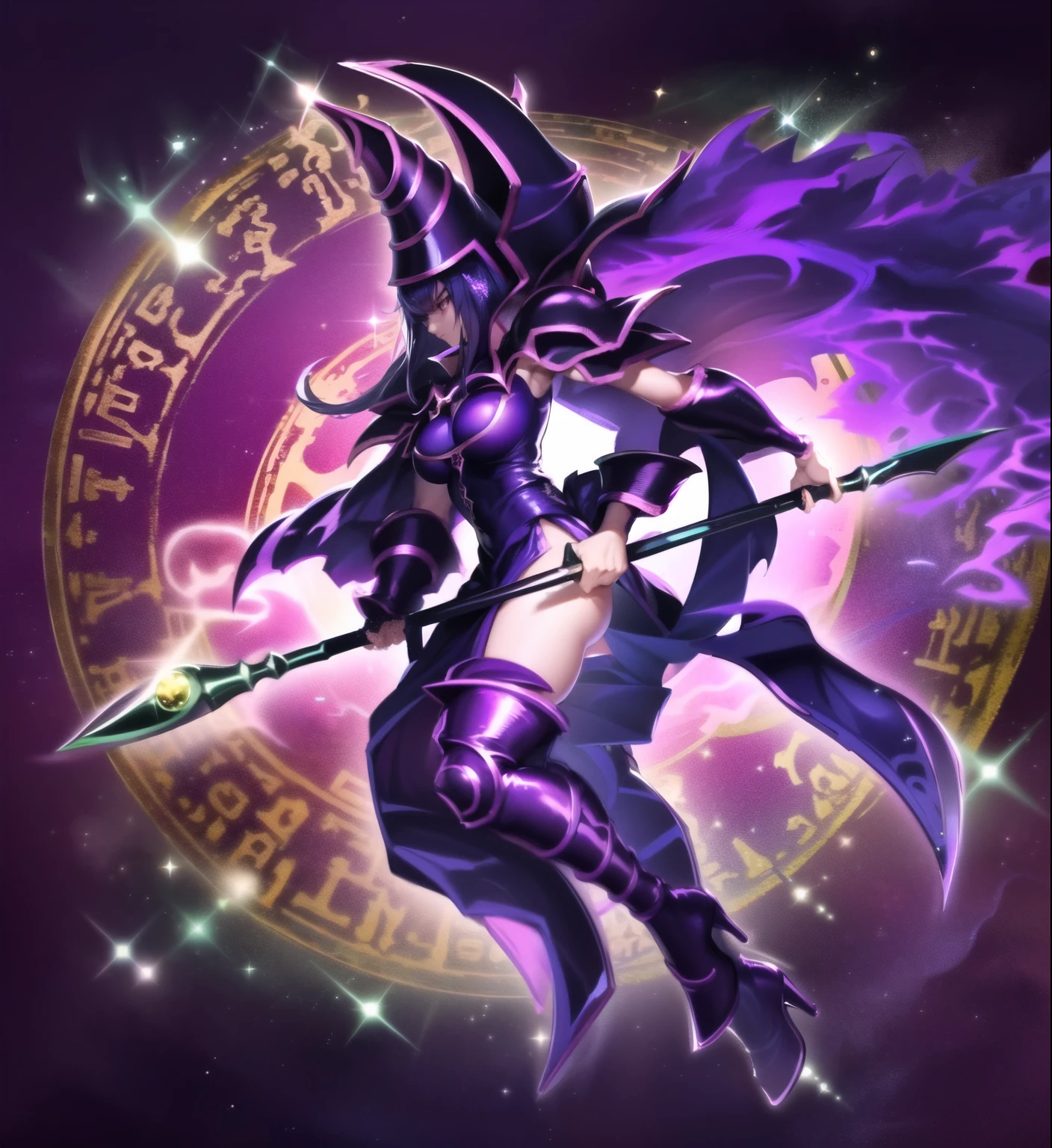 una imagen de un personaje de anime morado y verde con una espada, yugioh art style, Estilo Alex Gray, estilo yugioh, aura de oscuridad, galactic deity, Chica Maga Negra, Holographic sheet!, estilo de espada fantasma, obra de arte de yugioh, mystical anubis valkyrie, estilo de arte arcano, dios legendario sosteniendo lanza, ⃣ → Dark Spectrum Prime, rostro perfecto, chica bella, hermosa