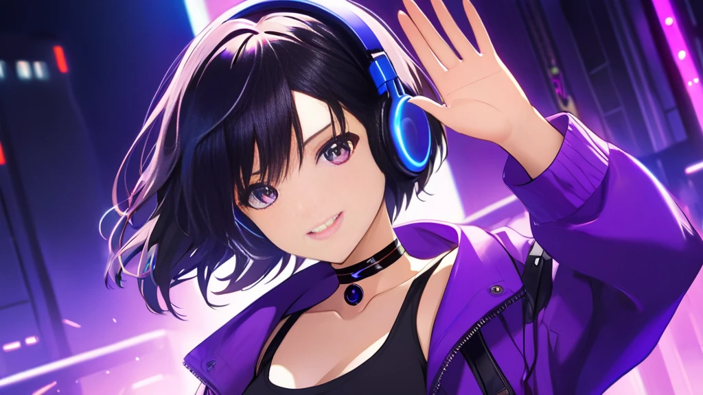 The tomboyish girl alone with short black hair is wearing a purple jacket over a black tank top and long black jeans. She has beautiful purple eyes with pupils, accessorized with a choker and black headphones adorned with purple LEDs, waving to the camera with a beautiful smile. She exudes maturity, intelligence, and elegant beauty. Cyberpunk mix with Evangelion style animation.