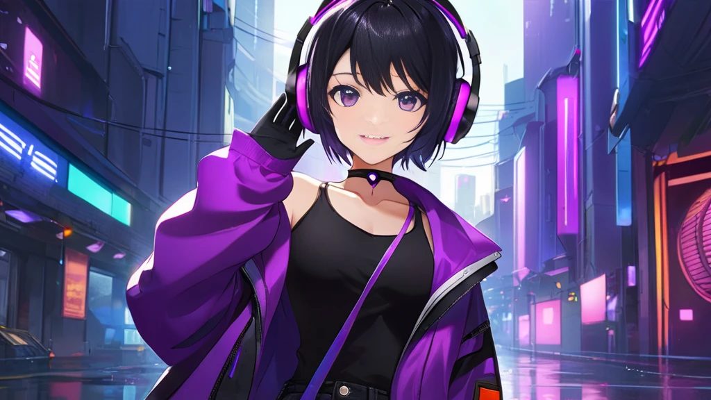 The tomboyish girl alone with short black hair is wearing a purple jacket over a black tank top and long black jeans. She has beautiful purple eyes with pupils, accessorized with a choker and black headphones adorned with purple LEDs, waving to the camera with a beautiful smile. She exudes maturity, intelligence, and elegant beauty. Cyberpunk mix with Evangelion style animation.