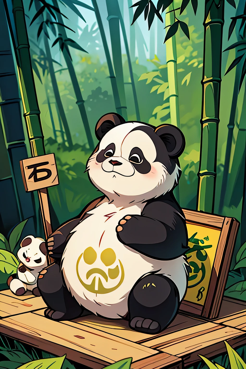 Chibi giant panda cub with big, expressive eyes, sitting on its haunches in a lush green forest with colorful leaves and bamboo stalks. The panda holds a hand-painted sign made of recycled cardboard in front of him. The sign reads "Save Our Forests" in bold, colorful lettering and has colorful handprints on it. The overall style is a mix of Chibi, flat design, and hand-painted textures.