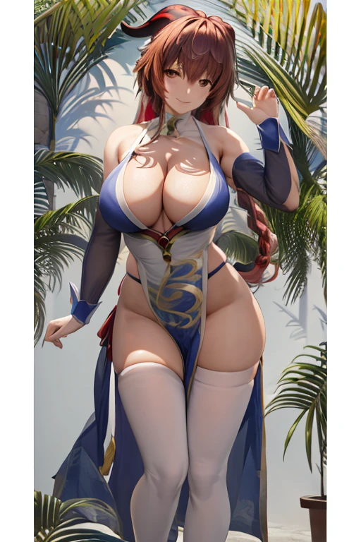 masterpiece, best quality, beautiful art, high resolution, well formed hands, body and fingers, 1 woman, solo, Ganyu, goat horns, adult, grown up, big breasted, cleavage, full body, braided long hair, blue_kunoichi_dress, wearing DOA Kasumi's blue kunoichi dress, sleeveless, white stockings, gorgeous legs and thighs, dancing seductively and erotically, turning backwards and forwards, showing her back and front, showing her butt, t-back,, white thong, smiling joyfully, looking at the viewer, flirting, beach environment