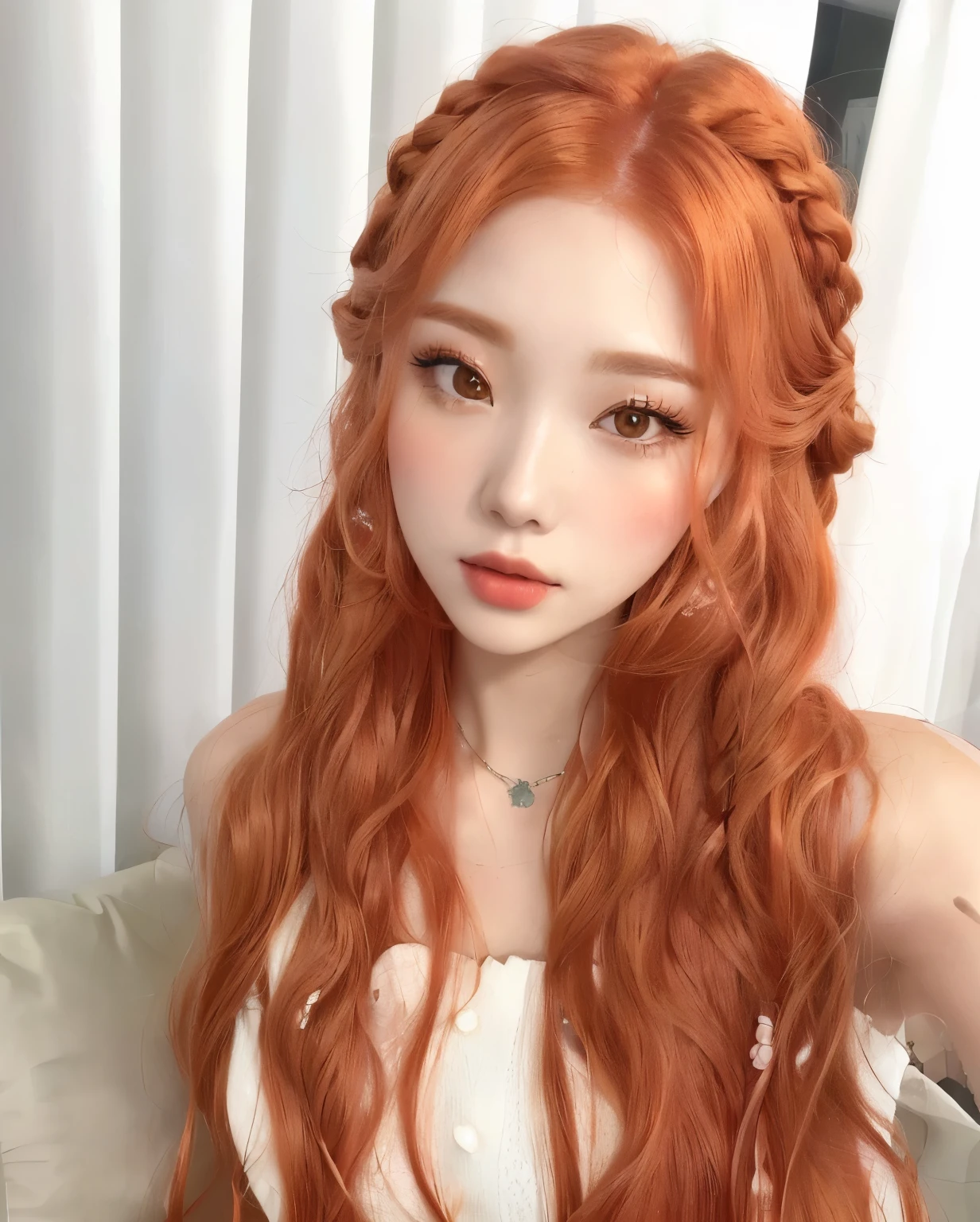 a close up of a woman with long red hair wearing a white dress, long wavy orange hair, long braided orange red hair, she has long redorange hair, curly copper colored hair, orange braided hair, ginger wavy hair, popular south korean makeup, coral brown hair, ulzzang, popular korean makeup, red long wavy hair, she has long orange brown hair