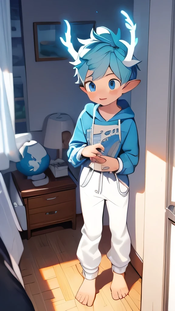 The White Deer,hairy,hairy,There are blue horns on the head,Deer antlers,White sweatshirt,Black jeans,Q version,Cute boys,13-year-old boy,Minimalist art style,Cartoon Style,blue eyes,hapiness,front,Big tail blue gradient tail tip white,In the bedroom,Standing on the ground