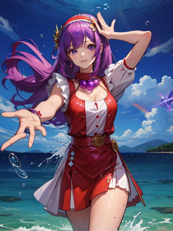 (masterpiece, best quality:1.2), intricate details, athena asamiya, 1girl, dress, , hairband, long hair, , purple hair, purple eyes, star hair ornament,,cloud,sky,water,water splashes,rainbow,(tight dress:0.5),blue,red,pink,,fantastic coloured glaze,,, acid_fluid, , holographic,holographic clothing,