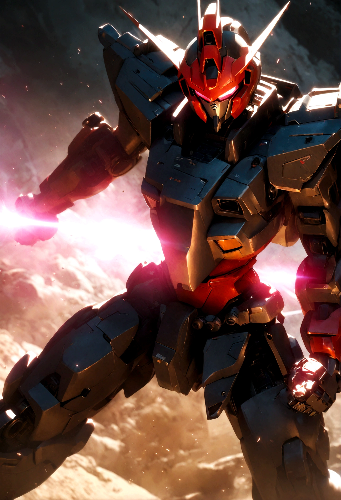 1 boy, male focus, quattro bajeena, gundam, highly detailed, intricate mecha design, hyperrealistic, cinematic lighting, dramatic composition, vibrant colors, perfect rendering, masterful digital art, award-winning concept art, photorealistic, volumetric lighting, depth of field, cinematic atmosphere, dynamic pose, extreme attention to detail