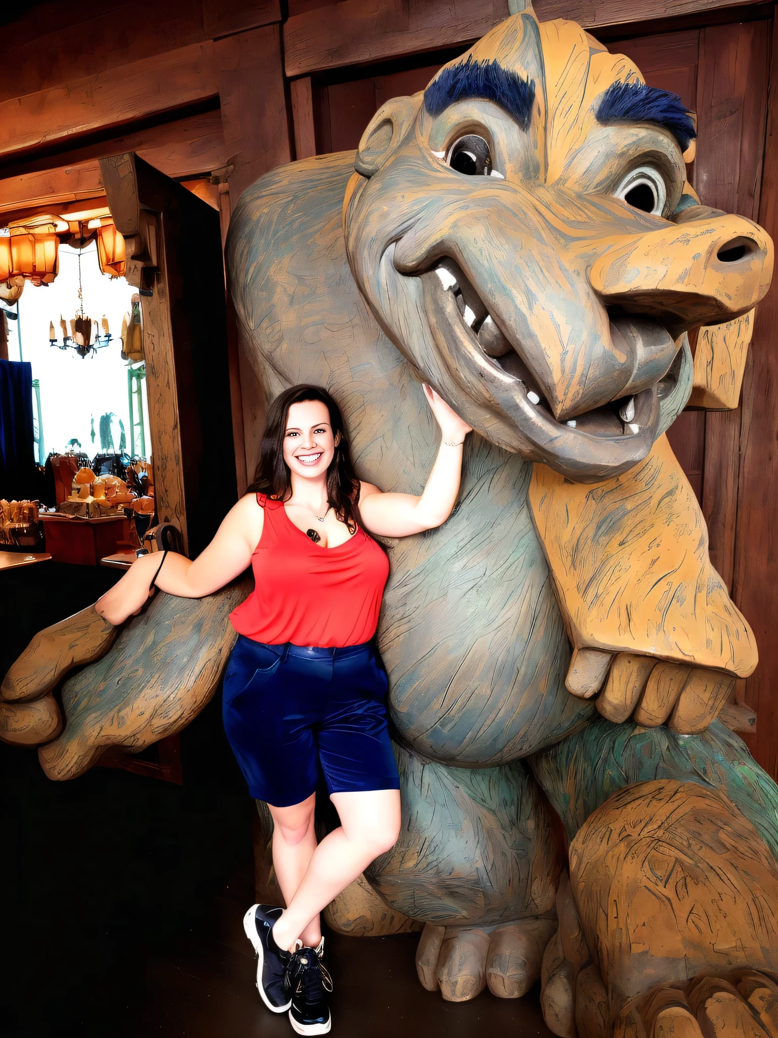 woman posing with a giant statue of a trolly, giant clay statue, troll, monster statues, posing like a statue, in Disney, Winnie the Pooh's giant titan, gigantic, looks very silly, is very huge, hugging her gremlings, trolls , with figure in the background, with magical creatures, full figure

The woman is wearing formal clothes, a red shirt and dark blue shorts.

A beautiful Brazilian woman, with white skin, dark brown hair. She is around 40 years old, 165 cm tall and weighs 56 kg. Her body exudes glamor and her face is a definition of beauty. Slender body, thin waist. Highly realistic, hyperrealism, very elaborate skin. Clear photo, high resolution, high quality, masterpiece, 16K photo, high contrast, masterpiece, NUDE, NUDITY, NFSW.