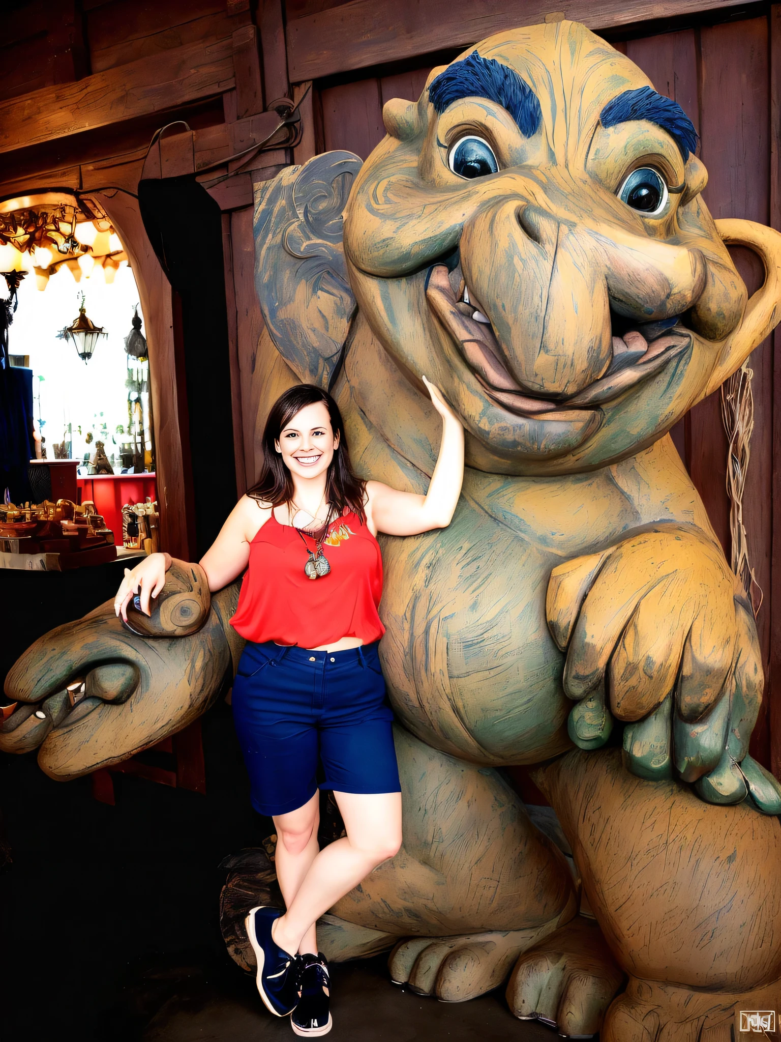 woman posing with a giant statue of a trolly, giant clay statue, troll, monster statues, posing like a statue, in Disney, Winnie the Pooh's giant titan, gigantic, looks very silly, is very huge, hugging her gremlings, trolls , with figure in the background, with magical creatures, full figure
The woman is wearing formal clothes, a red shirt and dark blue shorts.
A beautiful Brazilian woman, with white skin, dark brown hair. She is around 40 years old, 165 cm tall and weighs 56 kg. Her body exudes glamor and her face is a definition of beauty. Slender body, thin waist. Highly realistic, hyperrealism, very elaborate skin. Clear photo, high resolution, high quality, masterpiece, 16K photo, high contrast, masterpiece, NUDE, NUDITY, NFSW.
