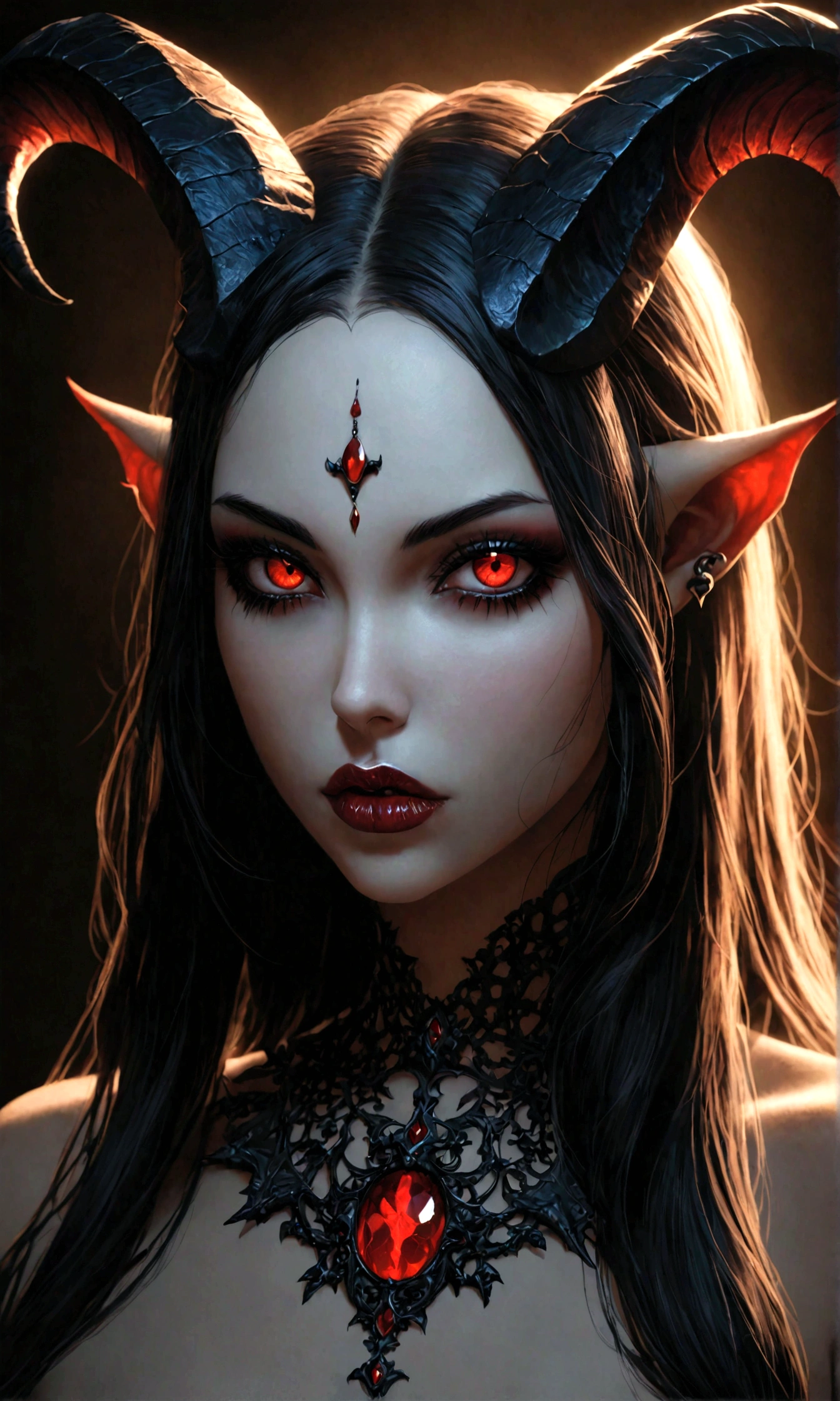 close up portrait of a succubus,  beautiful detailed eyes, beautiful detailed lips, extremely detailed face, piercing eyes, alluring succubus, demonic features, horns, dark fantasy, gothic, chiaroscuro lighting, dramatic contrast, moody atmosphere, glowing skin, mesmerizing gaze, intricate details, cinematic composition, hyperrealistic, 8k, highly detailed, masterpiece