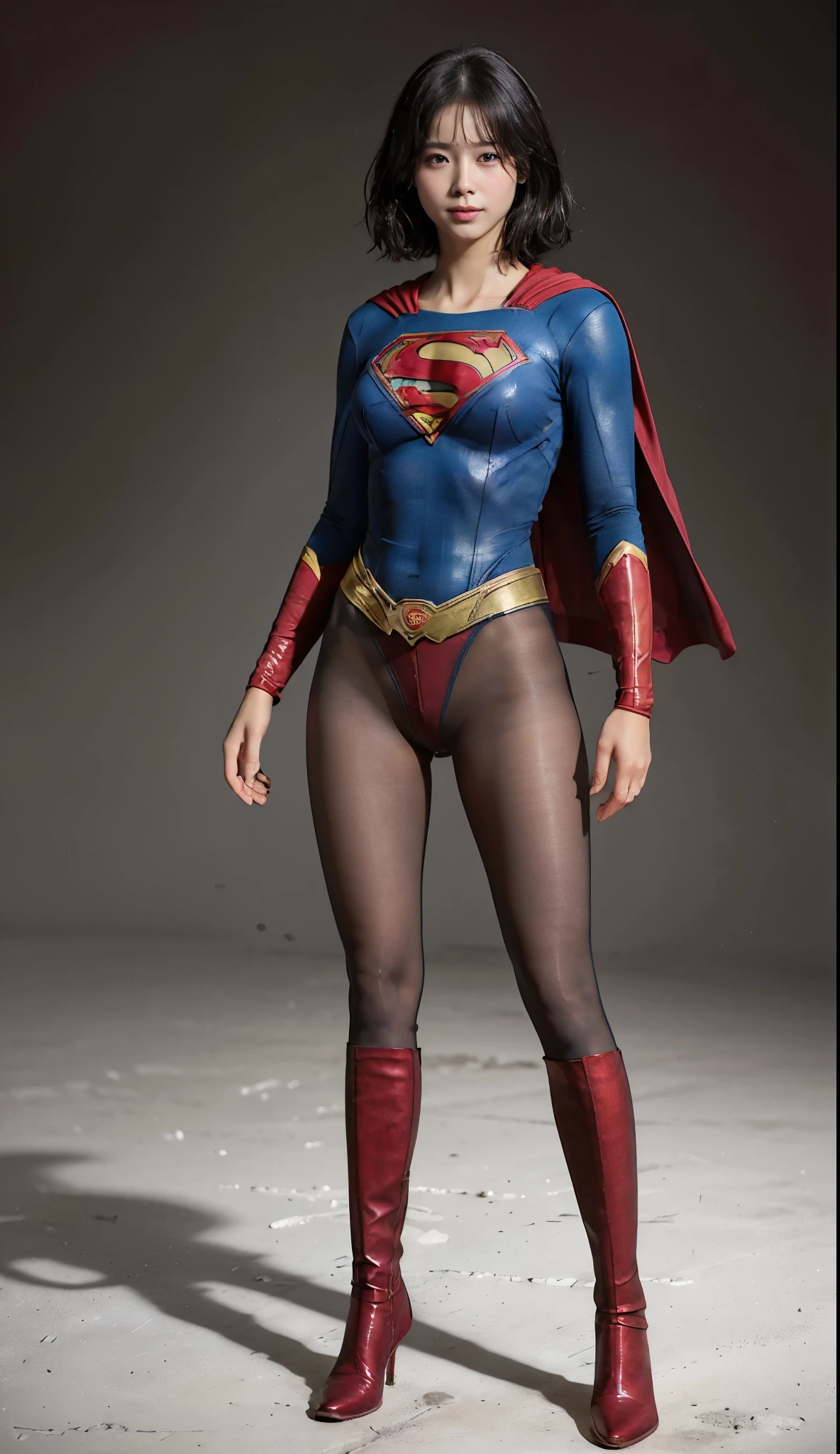 No background、(((Beautiful legs in black tights.)))、(((Legally express the beauty of your smile)))、((((Make the most of your original images)))、(((Supergirl Costume)))、(((Beautiful short bob hair)))、(((suffering)))、(((Please wear black tights....、Wear red boots)))、((Best image quality、8k))、((highest quality、8k、masterpiece:1.3))、(((Preserve background )))、Sharp focus:1.2、Beautiful woman with perfect figure:1.4、Slim Abs:1.2、Wet body:1.5、Highly detailed face and skin texture、8k
