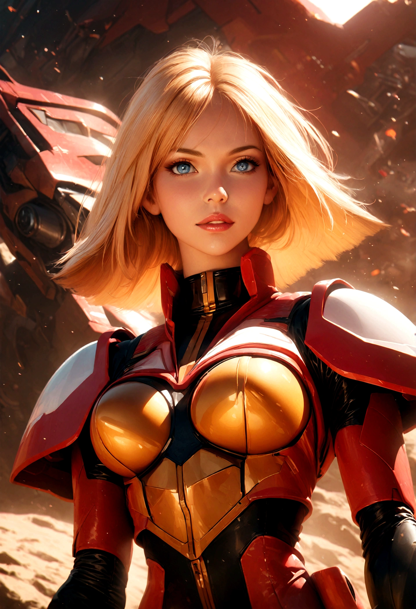 1girl, sayla mass, gundam, covered gigntic breasts, beautiful detailed eyes, beautiful detailed lips, extremely detailed eyes and face, long eyelashes, hyper detailed, photorealistic, 8k, high quality, dramatic lighting, cinematic, intricate, exquisite, vibrant colors, warm color palette, mecha, futuristic, science fiction