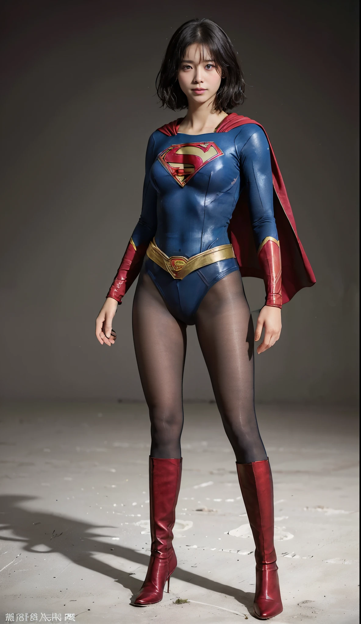 No background、(((Beautiful legs in black tights.)))、(((Legally express the beauty of your smile)))、((((Make the most of your original images)))、(((Supergirl Costume)))、(((Beautiful short bob hair)))、(((suffering)))、(((Please wear black tights....、Wear red boots)))、((Best image quality、8k))、((highest quality、8k、masterpiece:1.3))、(((Preserve background )))、Sharp focus:1.2、Beautiful woman with perfect figure:1.4、Slim Abs:1.2、Wet body:1.5、Highly detailed face and skin texture、8k