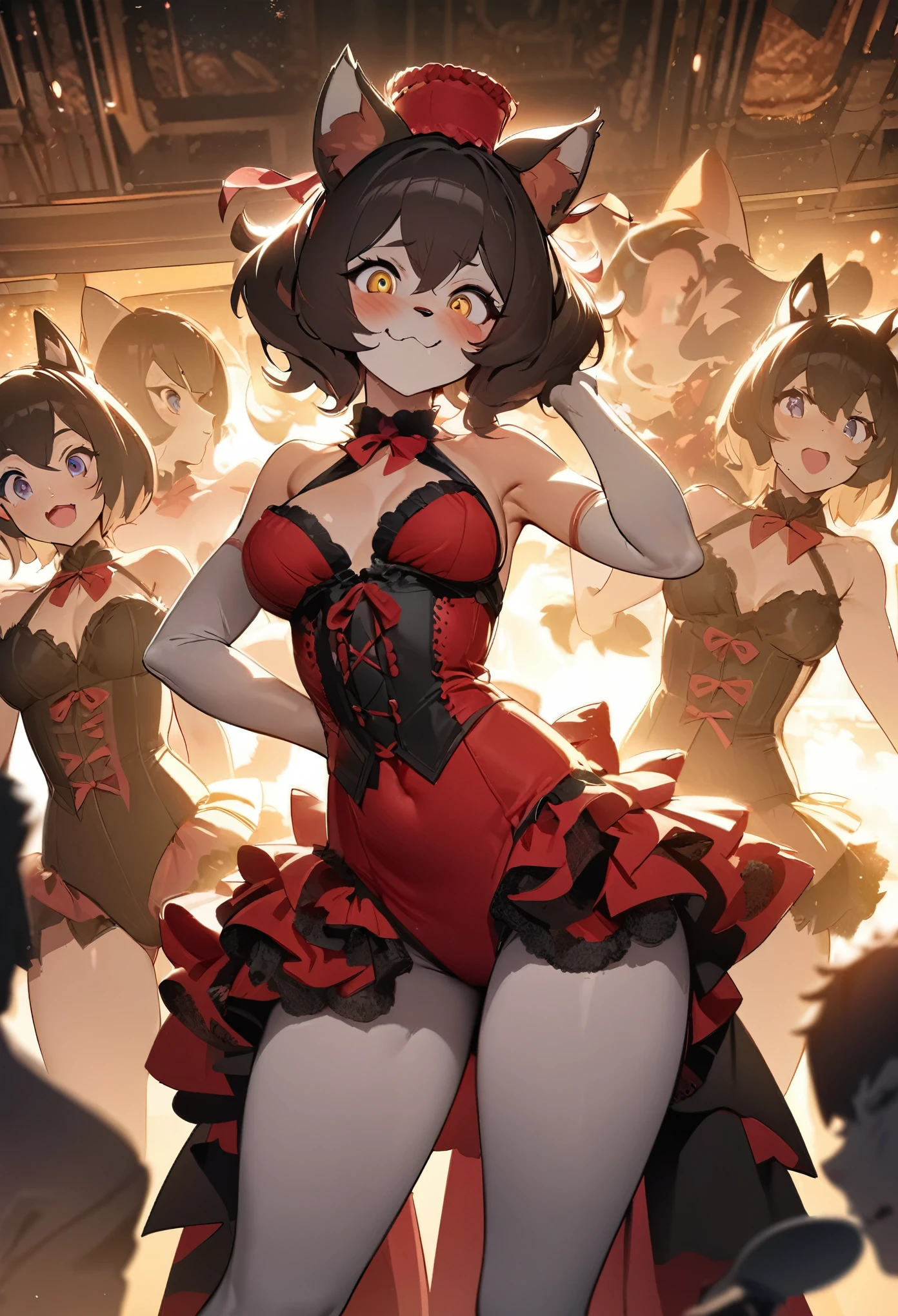 top quality, best quality, High-quality illustrations, masterpiece, super high resolution, detailed background, Burlesque, cabaret, show, 6+boys, 6+girls, absurdres(highly detailed beautiful face and eyes)perfect anatomy, expression, good lighting, cinematic shadow(kemono, furry anthro)orted poses(sound effects, motion blur),