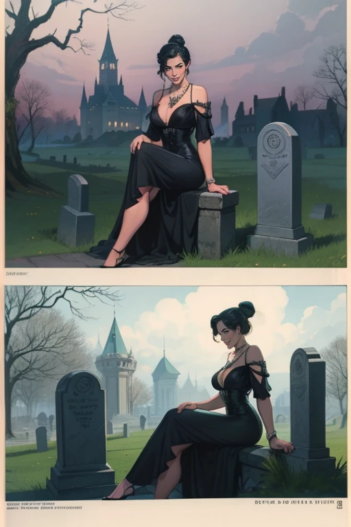 1woman, vampire queen, highly detailed, black hair, single hair bun, 25yo, sexy, fair skin, shiny skin, short low-cut black victorian dress, necklace, sitting on a Headstone, crossed legs, (smirk:0.4),dark castle, spooky, vampires,swirling fog, outdoors,Expressiveh, realistic, concept art, realistic, traditional media,