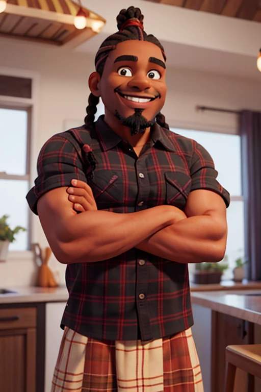 A black man, long braided hair tied up, round face with a goatee, smiling, arms crossed, looking forward, wearing a plaid shirt.