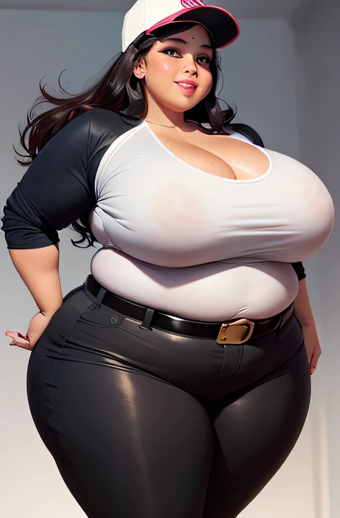 extremely fat and large latino woman, huge bust, 300 pounds, black pants, massive stomach, lovehandles, smiling, bbw, plus size woman, belt, obese, hand on shoulder, wearing a baseball cap, white shirt, black jacket, voluptuous body, leaning backwards