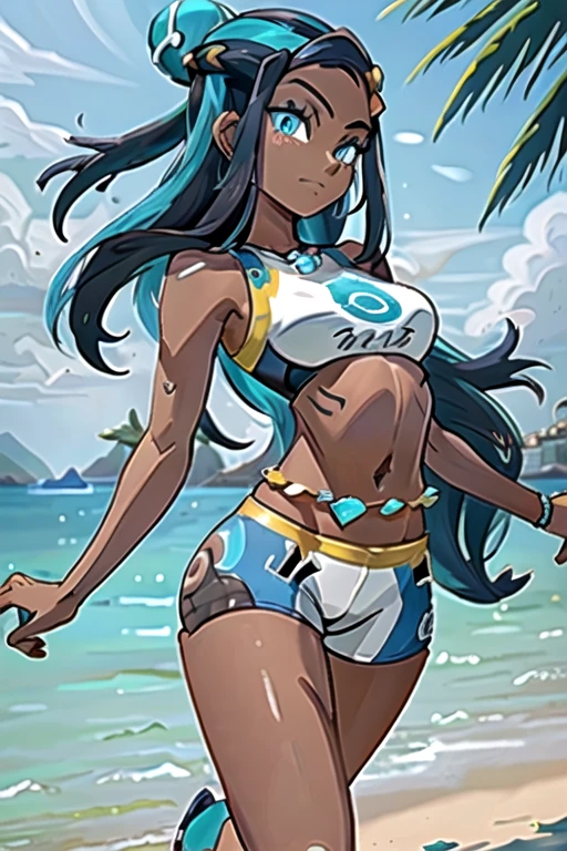 masterpiece, best quality, highly detailed, (Detailed face:1.2), (Detailed eyes:1.2), 1girl, solo, (nessa_pokemon:1.3), dark-skinned female, dark skin, blue eyes, aqua eyes, long hair, black hair, blue hair, aqua hair, multicolored hair, two-tone hair, hair bun, single hair bun, eyeshadow, slim feminine figure, arrogant smile, shorts, crop top, tankini, belly chain, single glove, midriff, sandals, , Hand lifting one leg, Detailed legs, flexible, (Standing on one leg:1.2), (standing split:1.3), Hand lifting one leg, stretching, posing, cowboy shot, cinematic composition, (Background: outdoors, day time, beach town, view of the ocean)
