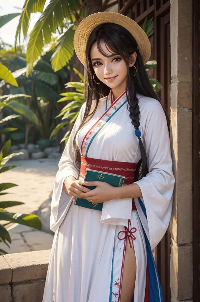 olhando para o espectador, sorridente,
1 garota, Sozinho, pontas rombas, olhos castanhos, cabelo longo,
hanfu branco , vestido em camadas, faixa vermelha, gola alta
ao ar livre, brasileiro, summer
Volumetric lighting, Obra de arte, melhor qualidade