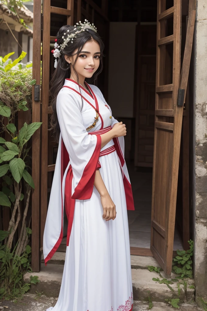 olhando para o espectador, sorridente,
1 garota, Sozinho, pontas rombas, olhos castanhos, cabelo longo,
hanfu branco , vestido em camadas, faixa vermelha, gola alta
ao ar livre, brasileiro, summer
Volumetric lighting, Obra de arte, melhor qualidade