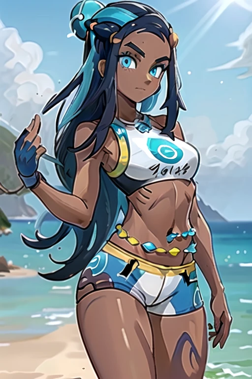 masterpiece, best quality, highly detailed, (Detailed face:1.2), (Detailed eyes:1.2), 1girl, solo, (nessa_pokemon:1.3), dark-skinned female, dark skin, blue eyes, aqua eyes, long hair, black hair, blue hair, aqua hair, multicolored hair, two-tone hair, hair bun, single hair bun, eyeshadow, slim feminine figure, arrogant smile, shorts, crop top, tankini, belly chain, single glove, midriff, sandals, , Hand lifting one leg, Detailed legs, flexible, (Standing on one leg:1.2), (standing split:1.3), Hand lifting one leg, stretching, posing, cowboy shot, cinematic composition, (Background: outdoors, day time, beach town, view of the ocean)
