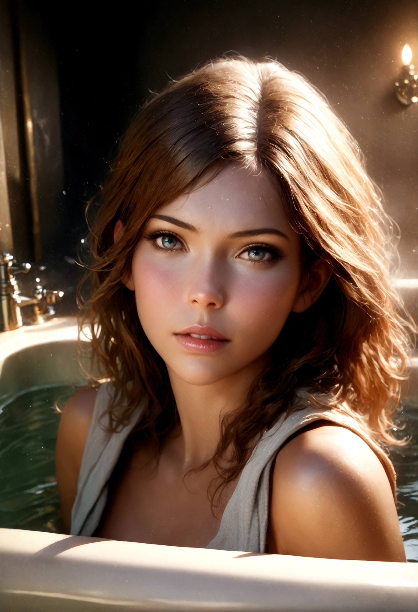 1girl, sayla mass from gundam, in a bathroom, beautiful detailed eyes, beautiful detailed lips, extremely detailed face, long eyelashes, in a relaxing bath, steam surrounding, ornate bathroom interior, warm lighting, (best quality,4k,8k,highres,masterpiece:1.2),ultra-detailed,(realistic,photorealistic,photo-realistic:1.37),intricate details,ornate decor,soft pastel colors,warm lighting,cinematic composition
