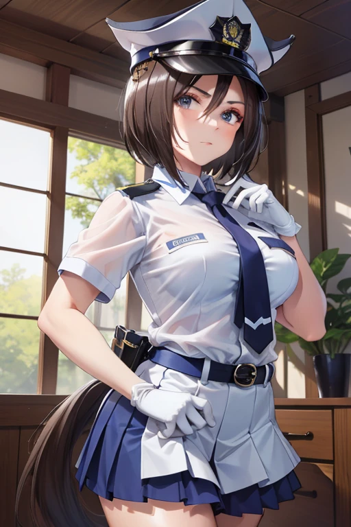 air groove \(umamusume\), masterpiece , high resolution , 8k best quality , realistic detailed , 1woman ,  police girl , wearing police office dress, japanese policewoman uniform, light blue short sleeved shirt, navy necktie, high waisted miniskirt, belt, white gloves, police hat, handcuffs