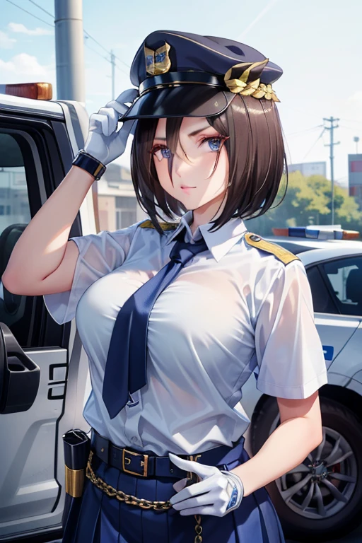 air groove \(umamusume\), masterpiece , high resolution , 8k best quality , realistic detailed , 1woman , police girl , wearing police office dress, japanese policewoman uniform, light blue short sleeved shirt, navy necktie, high waisted miniskirt, belt, white gloves, police hat, handcuffs