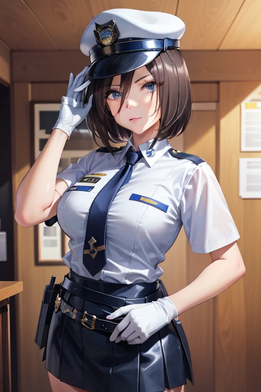 air groove \(umamusume\), masterpiece , high resolution , 8k best quality , realistic detailed , 1woman ,  police girl , wearing police office dress, japanese policewoman uniform, light blue short sleeved shirt, navy necktie, high waisted miniskirt, belt, white gloves, police hat, handcuffs