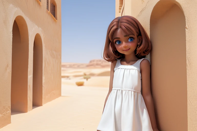high resolution,high quality,1Girl,solo,malti-colord hair,Brown Skin,Blue Eyes,shy smile,White sleeveless dress,(Desert town:1.5),(oasis:1.5)