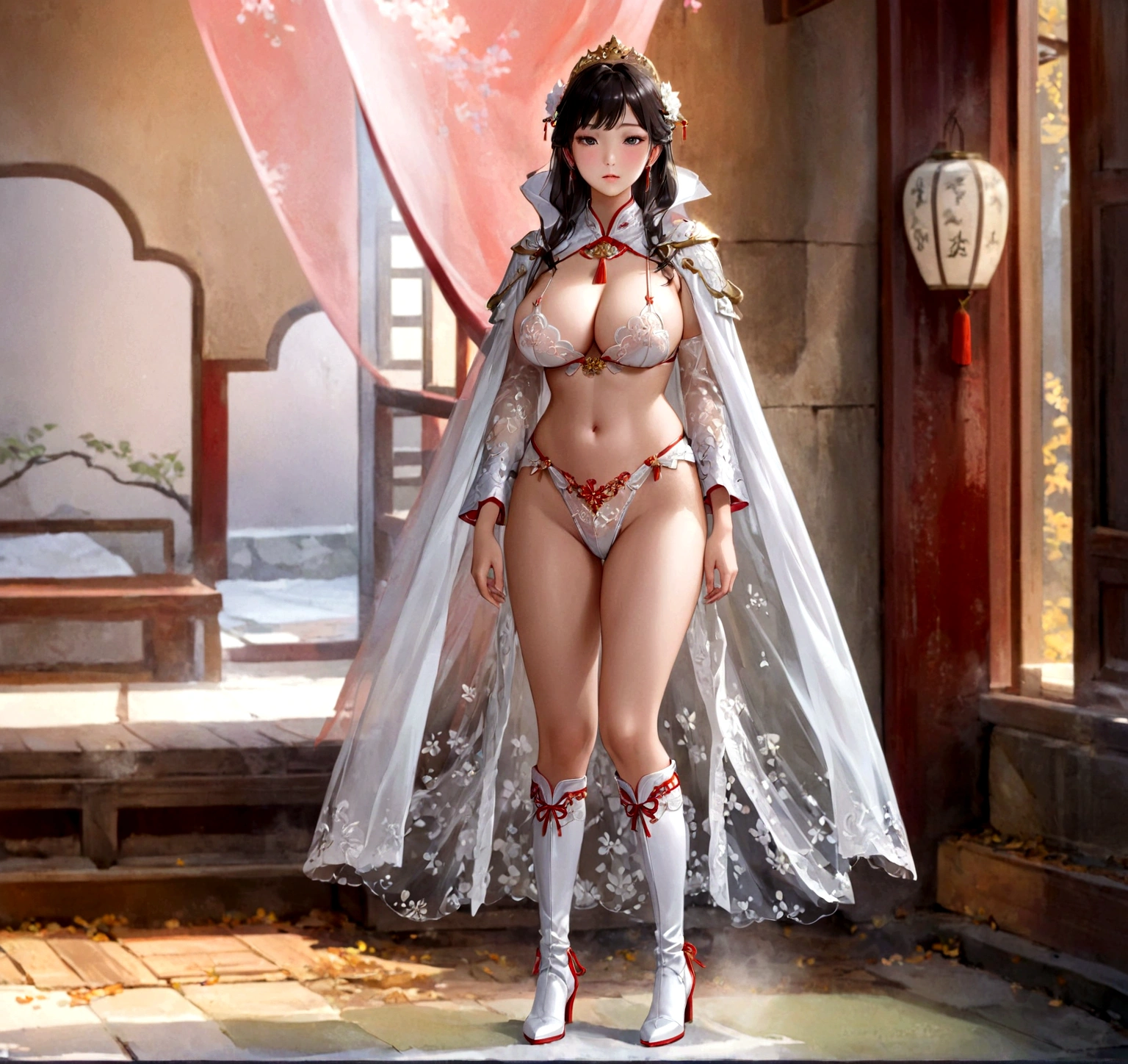 Woman wearing sexy lingerie and cape, full body xianxia, Beautiful fantasy queen, She exhibits sexual arousal and strong desire，sexual hunger，Transparent red and white underwear，see-through clothing，high cut underwear，Huge Breasts，Big  girl，Seductive naked girl, Hino Rei as a princess, guweiz masterpiece, Wear white boots，The whole body is rich in detail, Girl wearing Hanfu, Popular on cgstation
