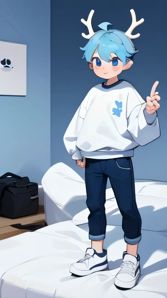 The White Deer,hairy,hairy,There are blue horns on the head,Deer antlers,White sweatshirt,Black jeans,Q version,Cute boys,-yeld boinimalist art style,Cartoon Style,blue eyes,hapiness,front,Big tail blue gradient tail tip white,In the bedroom,Standing on the ground
