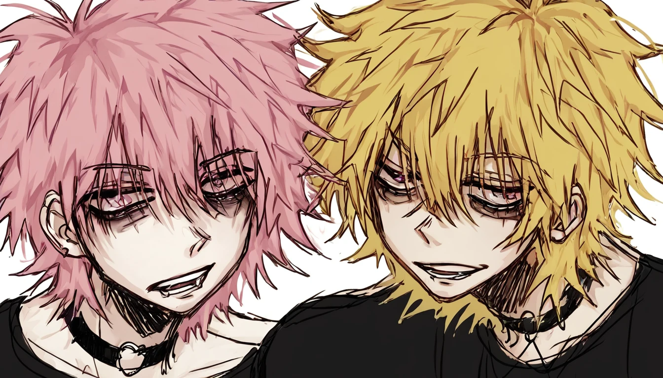 2boys, blonde, pink hair, sketchy lines, grunge, messy hair
